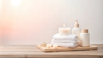 Spa essentials with candles and towels on a wooden tray in soft lighting
