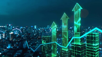 Dynamic financial growth concept featuring upward arrows against a modern city skyline with digital elements.