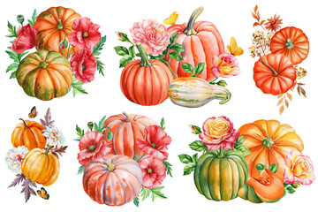 Autumn pumpkins, flowers, leaves isolated. Watercolor hand-painted fall. greeting card, poster, autumn festival, design