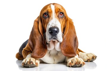 With floppy ears and wrinkled face, this brown Basset Hound exudes cuteness, friendliness, and a laid-back demeanor. Its big paws move slowly in pursuit of snacks.