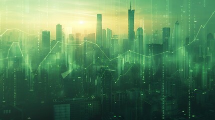 Futuristic city skyline with green overlay and data visualization elements, representing growth and technology innovation.
