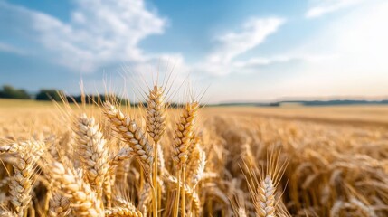 Naklejka premium A beautifully captured golden wheat field stretching towards the horizon under a blue sky with soft clouds. The golden ears of wheat stand out against the contrasting sky.