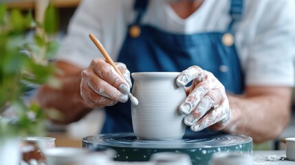A ceramic artist meticulously sculpts a pot using a wooden tool, their hands covered in clay, highlighting the detailed process involved in pottery making.