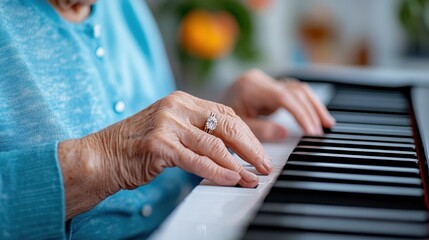 Obraz premium The hands of an old lady playing the piano inside a well-lit and cozy room, demonstrating her dedication and connection to music through a peaceful and heartfelt moment.