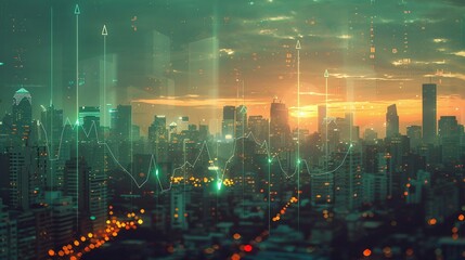 Fototapeta premium Vibrant city skyline at sunset, showcasing modern architecture and digital elements with a futuristic ambiance.
