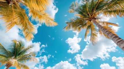 Golden-hued palm fronds stretch towards a partly cloudy blue sky, capturing the essence of a sunny day in a tropical paradise and the peaceful beauty of nature.