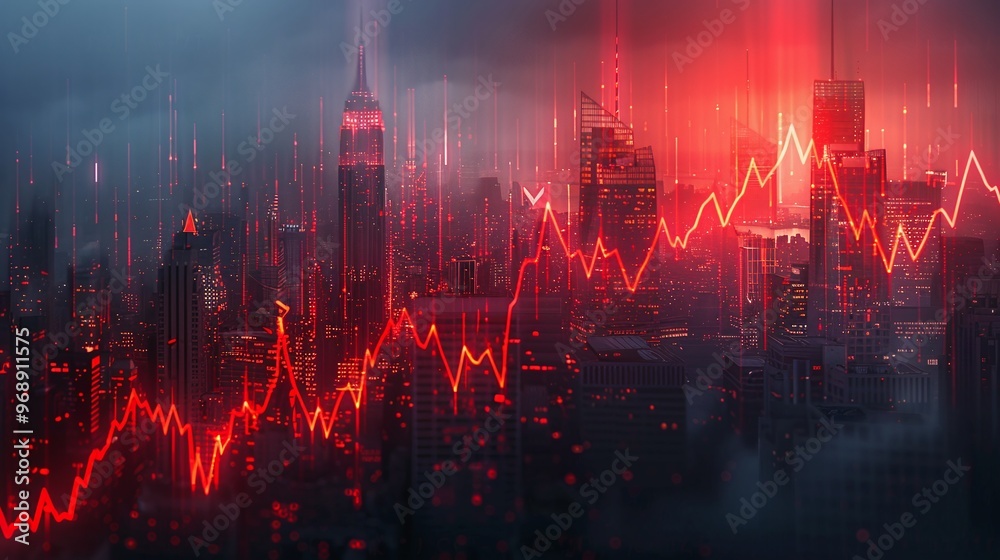 Wall mural Real estate and property crisis. A dramatic city skyline with dynamic red financial graphs symbolizing market trends and economic fluctuations.