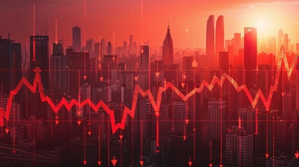 Naklejka premium Real estate and property crisis. A dramatic city skyline with a red trending graph overlay symbolizing market fluctuations and financial analysis.