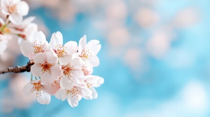 A detailed close-up of cherry blossoms against a bright blue backdrop highlights their intricate beauty and symbolizes the fleeting but beautiful moments in life.