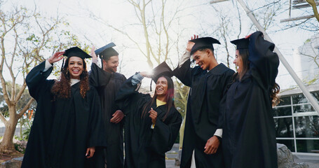 People, graduation class and outdoor portrait for education, learning and group for success. Students, university institute and celebration for college achievement, support and hats for certification