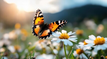 Obraz premium A vibrant butterfly with striking orange and black patterns comfortably rests on a white flower, set against a bright, sunny meadow, capturing the essence of nature's beauty.