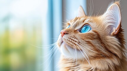 The image features a ginger cat with striking blue eyes, intently looking outside the window, presenting a mix of curiosity and tranquility in its expression.