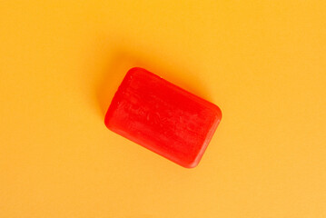 Red Soap Bar Isolated, Body Care Cosmetic, Fruit Soapy Detergent, Solid Shampoo, Glycerin Soap