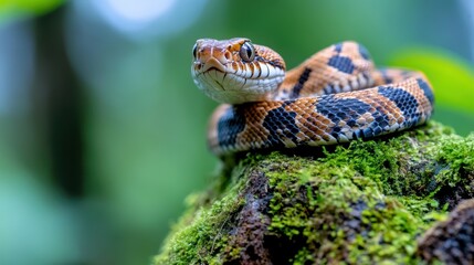 Fototapeta premium A detailed photograph showcasing a coiled snake resting on a moss-covered rock in the forest, highlighting its intricate pattern of orange, black, and white scales.