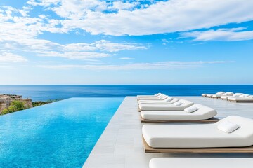 Luxury infinity pool with sunbeds on a terrace overlooking the sea, perfect for a summer vacation