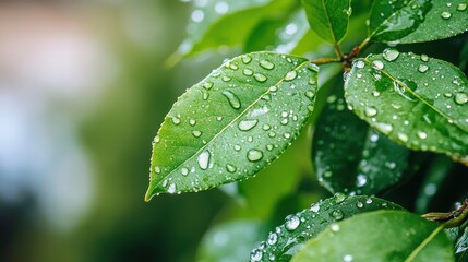 This photograph shows vibrant green leaves accented with raindrops, capturing the essence of freshness and natural beauty post-rain, reflecting tranquility. قدرت کے حسن کو ظاہر کرنے والی تصویر