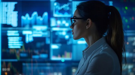 A woman with her hair pulled back in a ponytail and wearing glasses looks intently at data displayed on a wall of monitors.