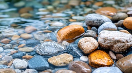 Close-up image of smooth, colorful pebbles in shallow water. The image shows the diversity of shades and textures of the wet stones with clear water flowing over them.