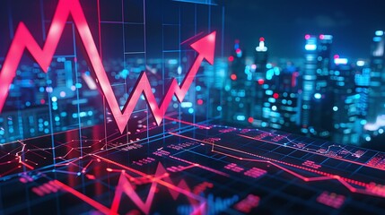 Real estate and property crisis. A dynamic stock market graph with a rising trend, showcasing financial growth and investment in a futuristic city backdrop.