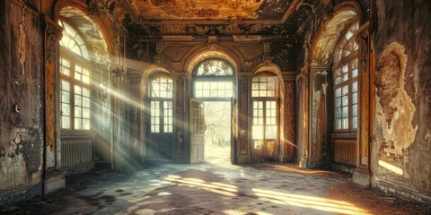 Obraz premium An elegant vintage chamber within a deserted structure Sunlight streaming through the windows showcasing a lovely entrance Distressed walls within an ancient uninhabited estate