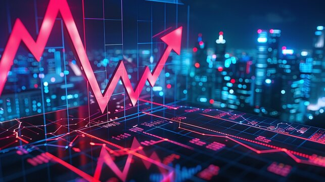 Real estate and property crisis. A dynamic stock market graph with a rising trend, showcasing financial growth and investment in a futuristic city backdrop.