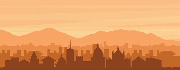 Naklejka premium Brown panoramic poster of the city skyline with misty background buildings, sunrise, clouds and mountains of FLORENCE, ITALY