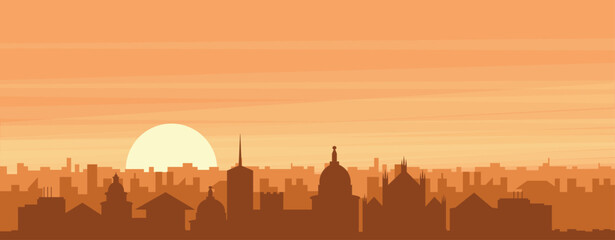 Fototapeta premium Brown panoramic poster of the city skyline with misty background buildings, sunrise, clouds and mountains of FLORENCE, ITALY