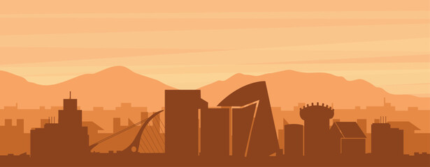 Naklejka premium Brown panoramic poster of the city skyline with misty background buildings, sunrise, clouds and mountains of DUBLIN, IRELAND