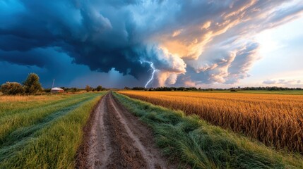 Obraz premium A powerful lightning bolt strikes in the distance over a golden field during a stormy sunset, with dramatic clouds creating a stunning landscape scene.