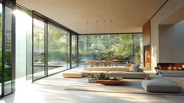 A modern, luxurious home with an open plan living room, surrounded by nature.