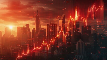 Fototapeta premium Real estate and property crisis. A vibrant city skyline at sunset with a dynamic upward trend graph, symbolizing growth and prosperity.