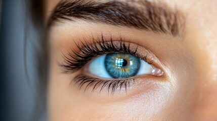 Obraz premium A clear close-up image of a blue eye, highlighting fine details like the iris and pupil, with visible light reflections, focusing on the natural beauty and expressions of human eyes.