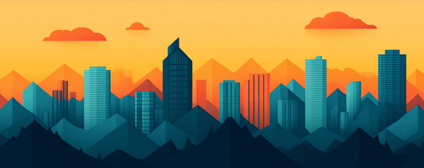 A vibrant city skyline at sunset, featuring high-rise buildings silhouetted against a colorful sky with mountains in the background.