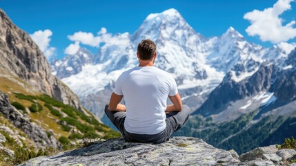 Naklejka premium A person in a white shirt and gray pants sits cross-legged on a rock, meditating in front of breathtaking snow-capped mountains under a bright blue sky.