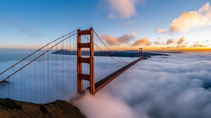 The iconic Golden Gate Bridge stands tall above the dense fog during a stunning sunset, with the cityscape of San Francisco subtly visible in the distance, a blend of natural and urban beauty.