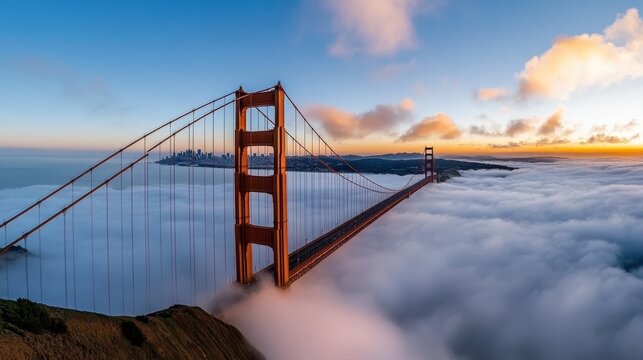 The iconic Golden Gate Bridge stands tall above the dense fog during a stunning sunset, with the cityscape of San Francisco subtly visible in the distance, a blend of natural and urban beauty.