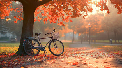 Lone bicycle leaning against a tree with orange and red leaves, soft afternoon light, peaceful and quiet mood, park setting with scattered leaves on the ground.