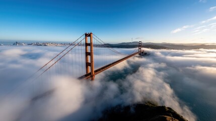 The iconic Golden Gate Bridge bathes in early morning light while surrounded by thick fog, creating a mystical and serene atmosphere, with San Francisco barely visible in the distance. © Pinklife