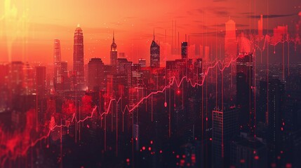 Real estate and property crisis. Dramatic skyline at sunset, represented with a red overlay and financial graph, symbolizing growth and urban development.