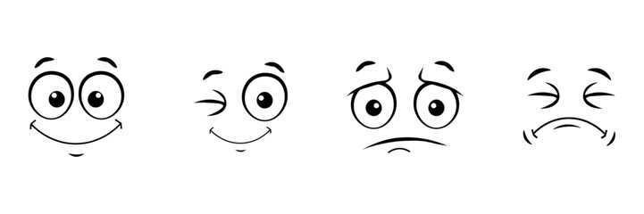 A vibrant set of four cartoon faces, each exhibiting distinct and varied expressions that convey a range of emotions and feelings