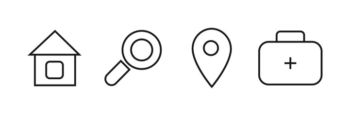 This set features several distinct icons, including a magnifying glass, a location pin, a briefcase, and a plus sign that symbolize various concepts