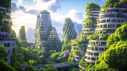 Obraz premium Futuristic cityscape with tall green buildings and lush vegetation, highlighting the blend of nature and modern architecture in sustainable design.