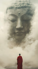 A serene scene where a monk in a vivid red robe stands with their back to the viewer, gazing up at a colossal, ethereal Buddha face that seems to form out of mist and smoke