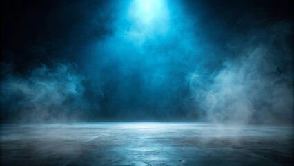 Abstract dark background with smoky concrete floor illuminated by blue light