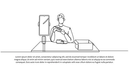 Continuous line design of a man is review a shoe product. Single line decorative element drawn on white background.