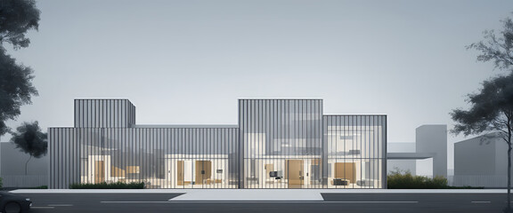 Obraz premium Illustrative frontal view of a new, modern and clearly architecturally planned house with insight into the room layouts, new modern architecture, architectural drawing