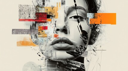 A collage of a woman's face with bold, colorful abstract shapes.