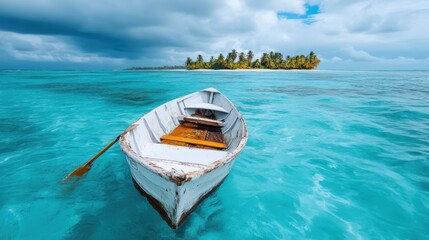 Obraz premium A small white boat floating on turquoise water near a tropical island with palm trees under partly cloudy skies. Peaceful and serene coastal landscape scene captured.