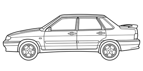 Classic city family class sedan car. 4 door car style from 90s on white background. Side view shot. Outline doodle vector illustration