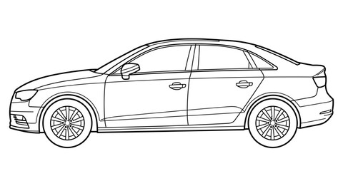 Classic business luxary class sedan car. 4 door car on white background. Side view shot. Outline doodle vector illustration	